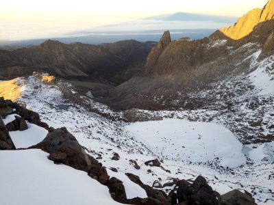 Snow and ice covering peaks on the 5 day Mount Kenya Sirimon Route hike
