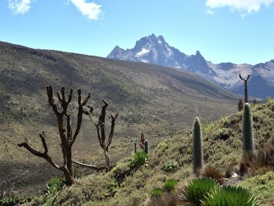 Scenic alpine landscape on Mount Kenya along the Sirimon-Chogoria route, showcasing rugged peaks, moorlands, and dramatic valleys.